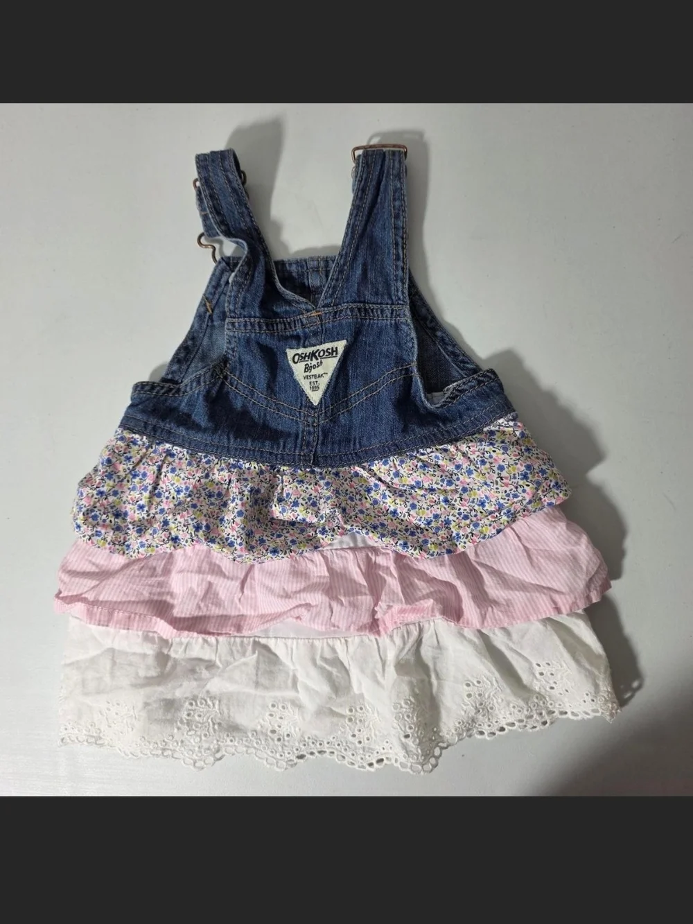 OshKosh B'gosh Denim Overall Dress with Blue Floral, Pink and White Tiers